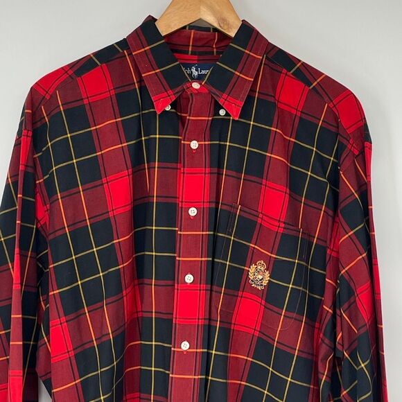 RALPH LAUREN Shirt Men's XL Red Black Plaid Check Crest Long Sleeve Button Down - Picture 2 of 11